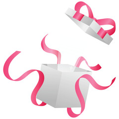 Open Gift Box. Vector illustration of White open gift box with dramatic folding flaps and pink bow flying above. Isolated on background