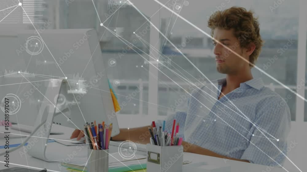 Poster office professional typing keys starting animated tech data charts and stretching after review