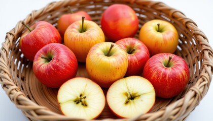 fresh, juicy apples arranged neatly in the center of the frame, inside an eco friendly bamboo basket, isolated on pure white background