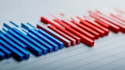 Close-up of red and blue bar chart representing political polling data, election results or voting statistics. Political analysis, democratic process and public opinion research concept.