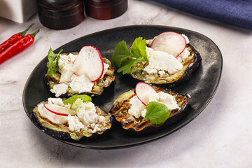 Grilled eggplant with cheese and radish