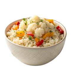 Keto diet friendly cauliflower rice in a bowl isolated on a transparent background