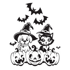 Adorable cartoon dogs and cats wearing witch hats perched on jack-o'-lantern pumpkins.