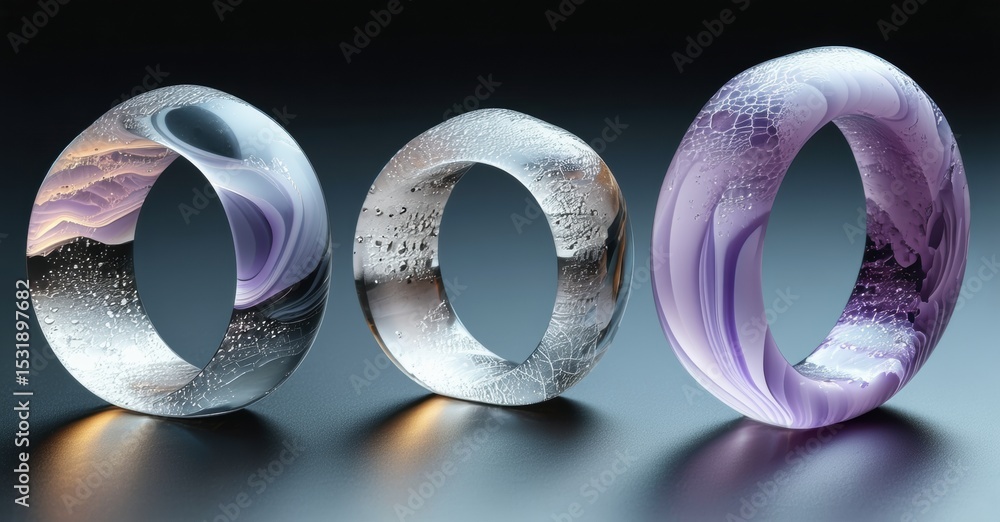 Aufkleber Abstract rings display swirling patterns, textures. Light reflects off surfaces creating dramatic visual effect. Minimalist composition.