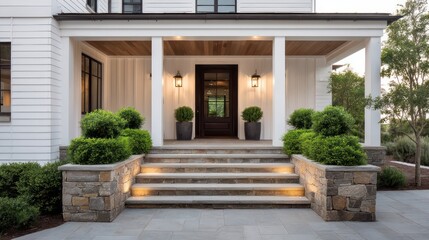 A charming farmhouse entrance with dark wood door clean white paneling stone steps lead up to porch with