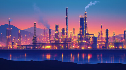 Oil Refinery Industrial Scene At Dusk With Illuminated Lights And Task Automation Process