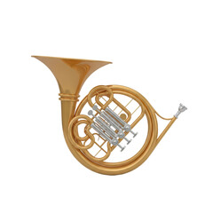 Golden French Horn Musical Instrument with Silver Valves on White Background