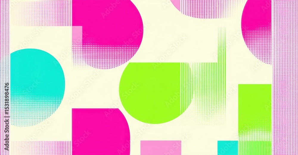 Poster Abstract geometric pattern. Circles, rectangles, lines create vibrant composition. Bright colors dominate design, offering modern aesthetic.