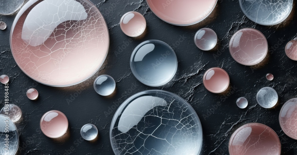 Poster Bubbles rest upon dark textured surface. Reflections create visual interest, varying sizes present. Subtle pink hues visible.
