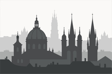 Fototapeta premium Prague cityscape silhouettes depicting iconic historical architecture in monochrome
