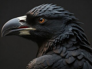 Close-up portrait of black raven with piercing orange eye and detailed feathers against dark background - dramatic wildlife photography