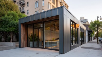 A contemporary caf??A(C) storefront wrapped in matte gunmetal cladding, floor-to-ceiling glass walls with brass-framed windows, vintage neon sign