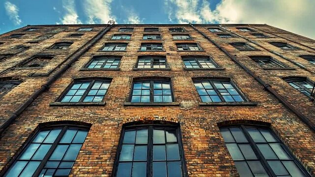 Historic brick building with large windows under sky