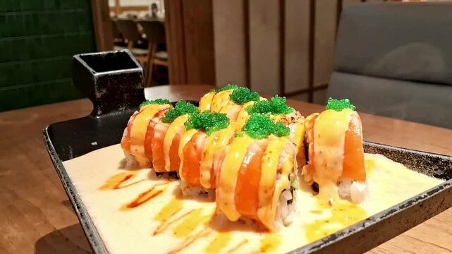 Japanese food salmon sushi with melted cheese on hot plate