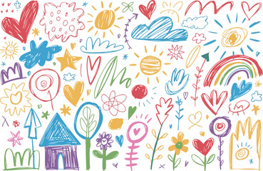 Colorful Hand Drawn Doodle Pattern with Hearts Stars Flowers Sun and Rainbow