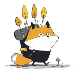Cute Cartoon Fox Character with Backpack and Decorative Trees and Mushrooms
