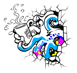 Colorful Graffiti Illustration of a Cartoon Octopus Breaking Through Wall
