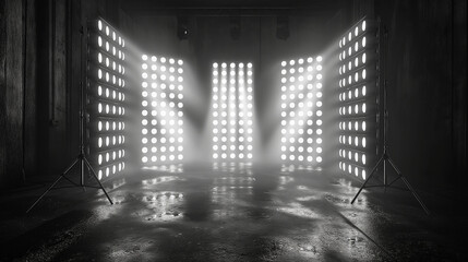 Dramatic light beams and reflections. Industrial LED light panels in dark studio. Ideal for concert, performance, or cinematic concepts.