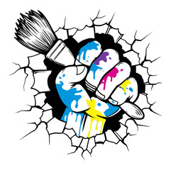 Colorful Fist Holding Paintbrush Emerging from Cracked Wall Illustration