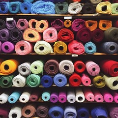 Fototapeta premium 5. Rolls of multi-colored fabric arranged neatly on shelves in a fabric store. 