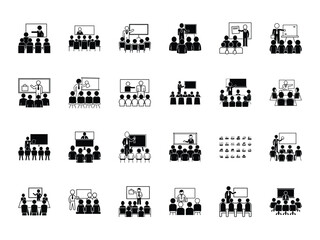 Collection of Vector Classroom and Training Icons – Diverse Black and White Education, Meeting, and Presentation Pictograms for Business, E-learning, School, and Online Teaching Design