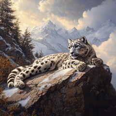 Obraz premium 5. Snow leopard resting on a rugged mountain slope in the wild.