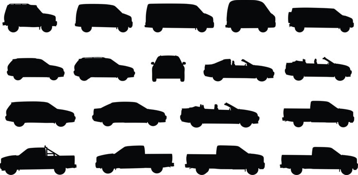 Vector illustration of assorted vehicle silhouettes including cars, vans, trucks, and convertibles in side view, ideal for transport icon sets, infographics, and branding