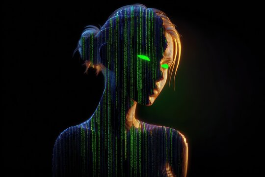 Digital woman with glowing green code