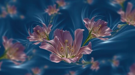 Delicate, light-purple flowers suspended in swirling, dark-blue fabric