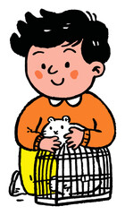 Cute Child Holding Pet Hamster in Cage with Joyful Expression