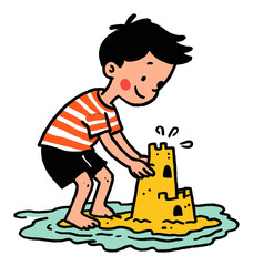 Boy Building Sandcastle in Ocean with Bright Colors and Fun Elements