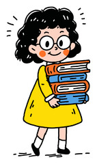 Cute Girl in Yellow Dress Carrying Stack of Colorful Books