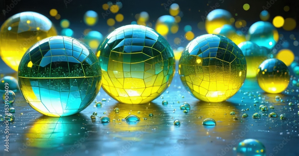 Poster vibrant spheres rest upon reflective surface. blue, yellow hues dominate composition. bokeh effect c