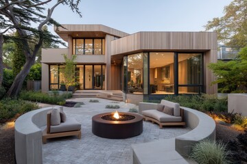 A contemporary residence with honey beige paneling bronze-framed windows early evening glow from inside is complemented meticulously curated