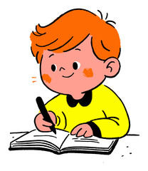 Happy Cartoon Boy Writing in Notebook with Bright Colors and Cheerful Expression