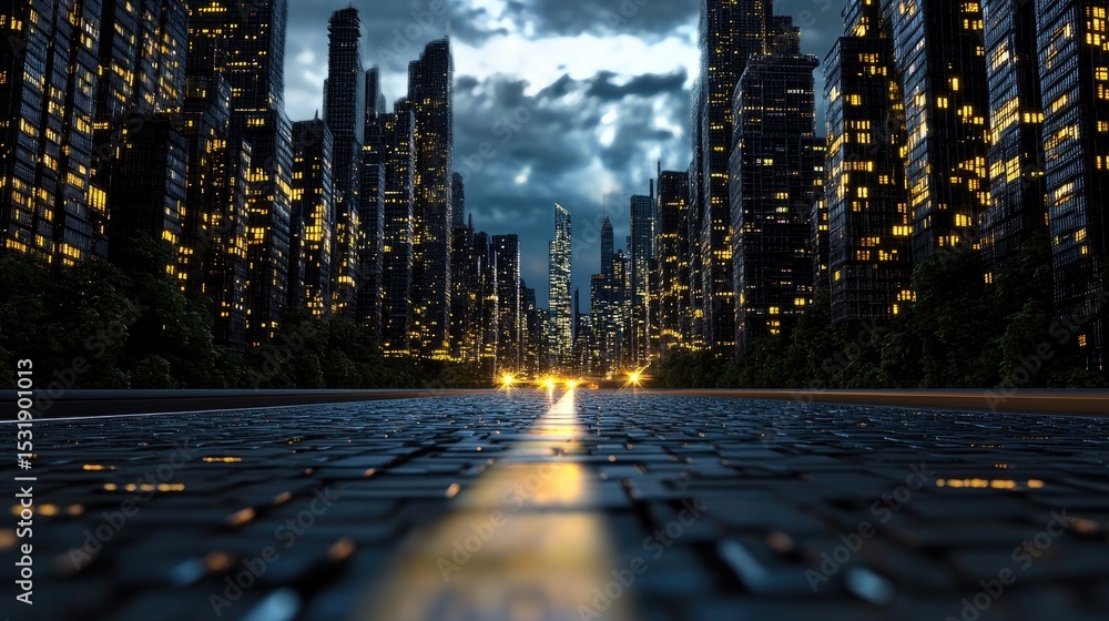 Aufkleber Surreal futuristic road through a matrix of binary buildings, representing big data travel