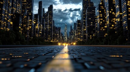 Surreal futuristic road through a matrix of binary buildings, representing big data travel