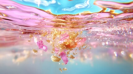 Subtle pink and gold glitter drifting in elegant underwater scene