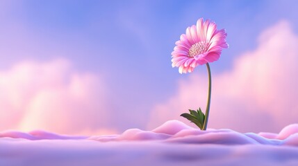Single pink flower glowing softly in surreal pastel environment, nature symbolism