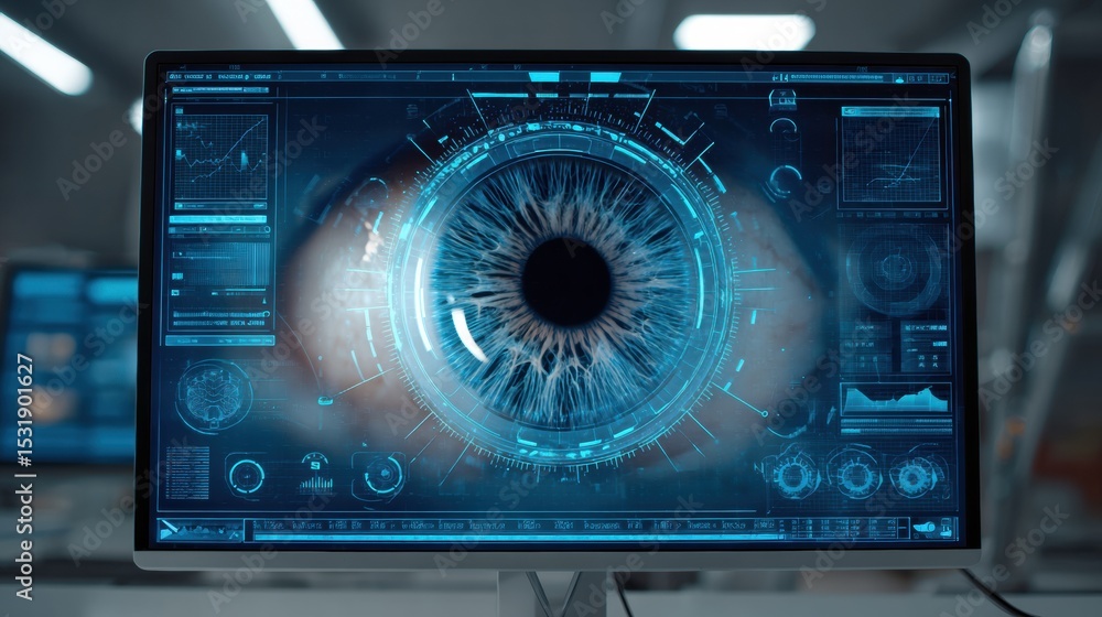 Aufkleber Virtual Eye Exam Displayed on Computer Screen With Futuristic User Interface and Clear Margin