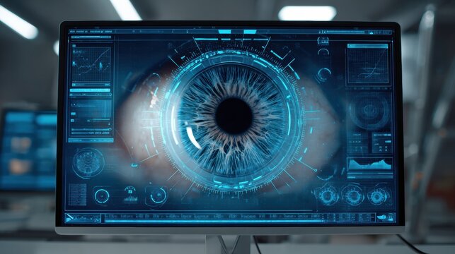 Virtual Eye Exam Displayed on Computer Screen With Futuristic User Interface and Clear Margin - Powered by Adobe