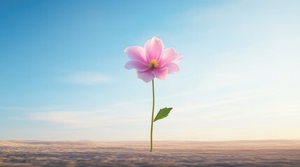Fototapeta premium Pink flower suspended in a hazy surreal landscape, elegant minimal floral concept