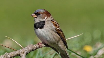 Male house sparrow with distinctive black bib and brown plumage perched on branch against green blurred background - classic songbird portrait