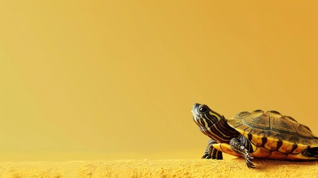 A small turtle with a patterned shell, positioned against a bright yellow background.