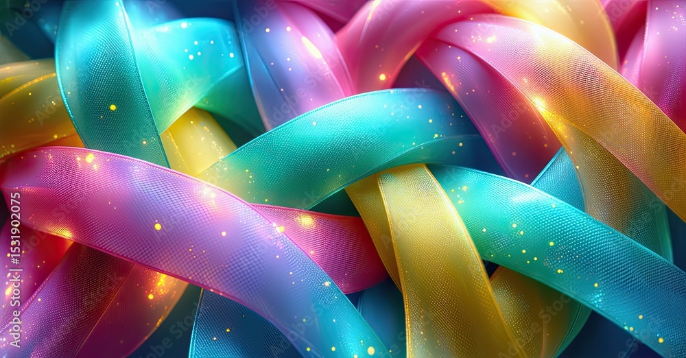 Poster colorful ribbons intertwine, creating vibrant abstract composition. light sparkles illuminate flowin