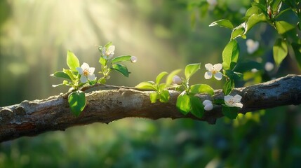 Lush spring flowers emerging on realistic tree branch, nature awakening moment
