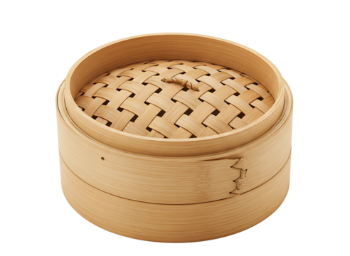 Round bamboo steamer basket isolated on transparent background