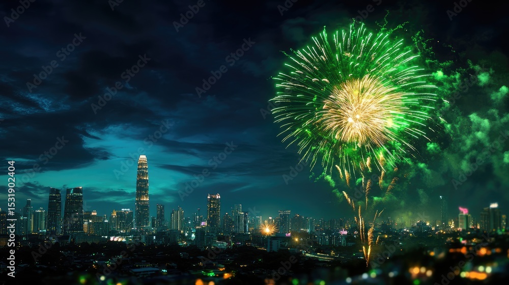 Poster golden and emerald fireworks exploding over a city skyline, retro new year's theme