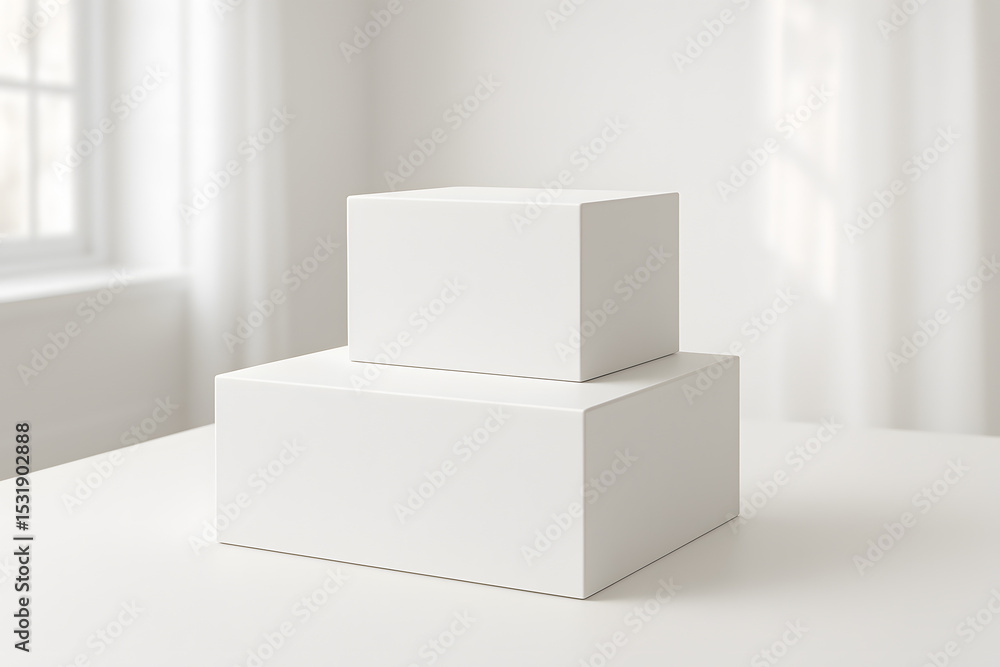 Poster stack of white cubes: two white cubes are stacked on a surface, next to the window with curtains