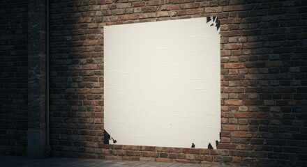 Blank white poster mockup on a textured brick wall in a dark urban alley. Ideal copy space for advertising, design, or message display in a moody, ...